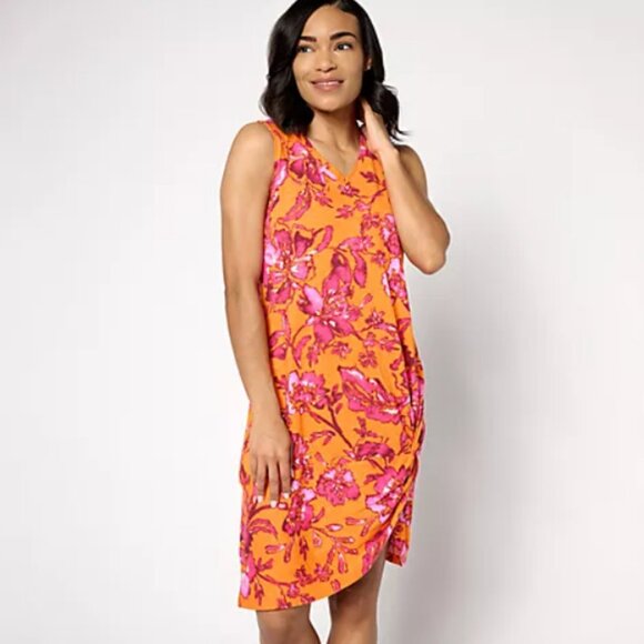 Denim & Co. Beach Regular Printed Slub Knit Cover Up Dress - XL - Mandarin Flora - Picture 1 of 4